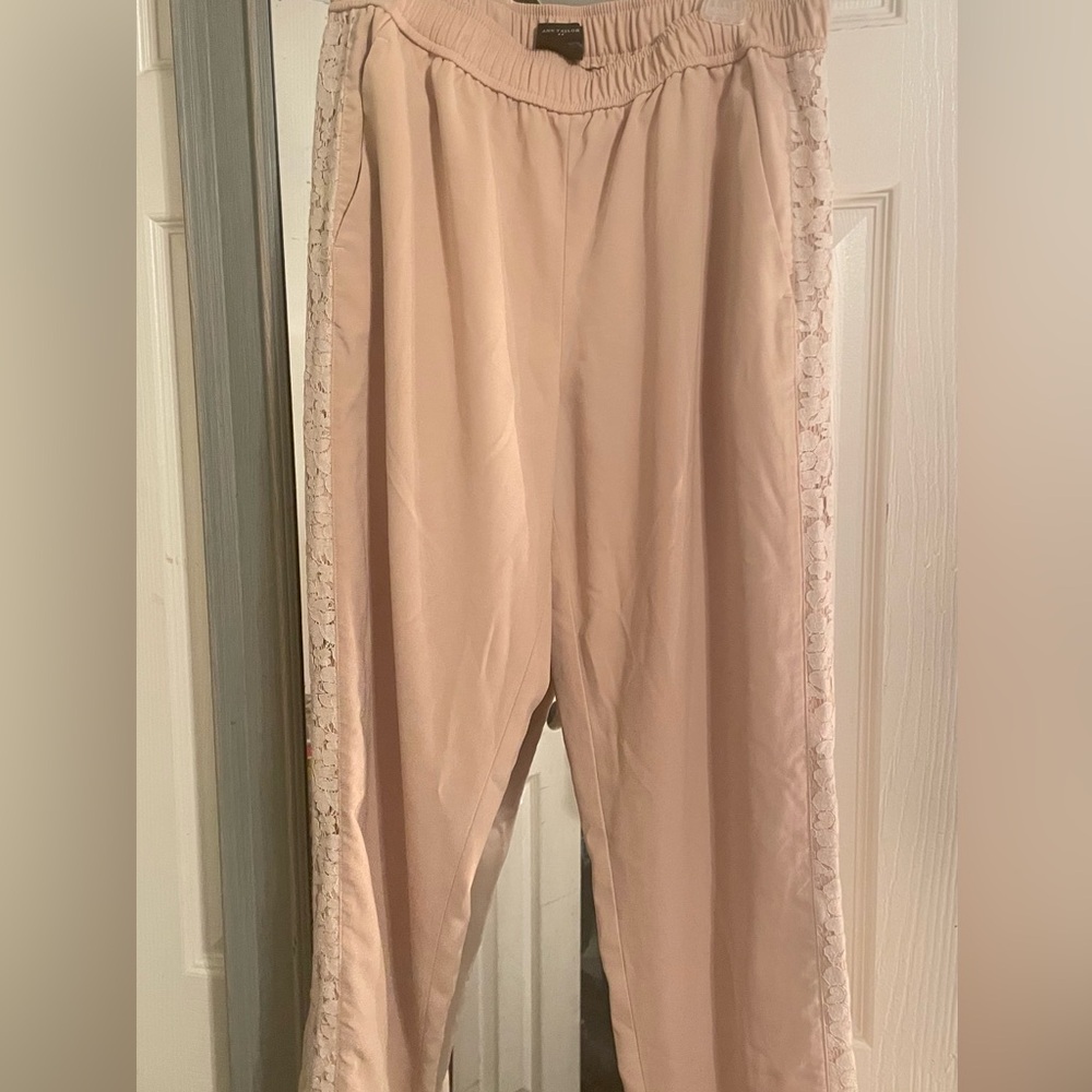 Ann Taylor Beige Lace Trim Wide Leg Pants